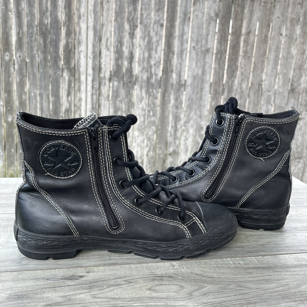 Converse Chuck Taylor Shoes Women 6 Black Leather Side Zip Grunge Goth Sneakers